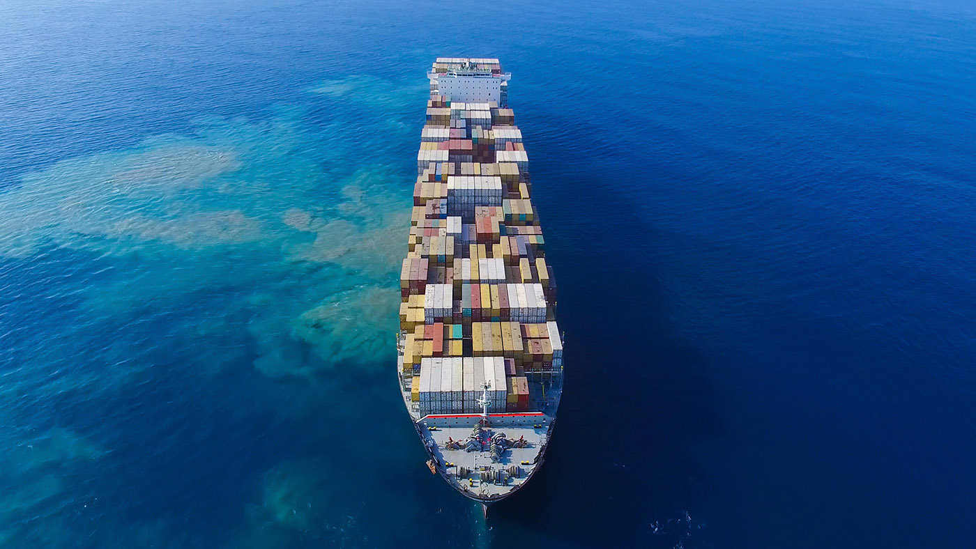 Grande nave portacontainer in mare - Immagine aerea