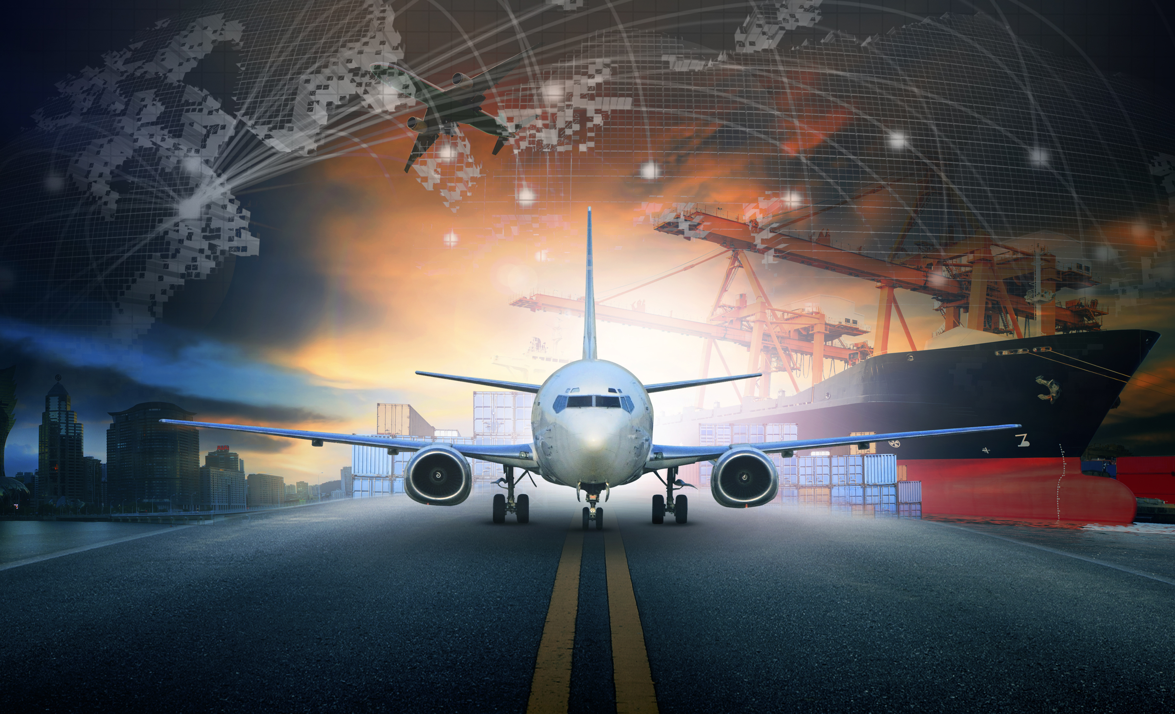 skeepslaaihouer in invoer - uitvoerpier en lugvragvliegtuigbenadering in lughawegebruik vir vervoer en vraglogistieke sakebedryfagtergrond