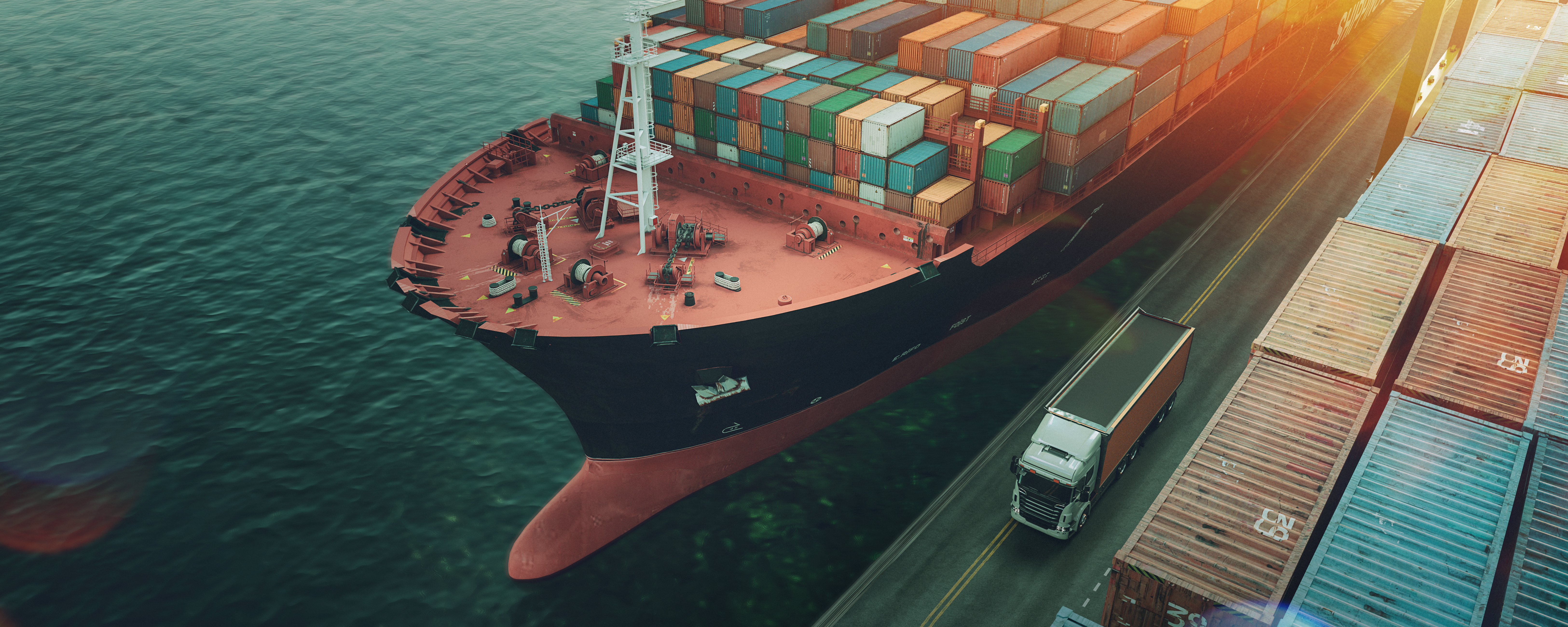 Transport und Logistik von Containerfrachtschiffen und Frachtflugzeugen.3D-Rendering und Illustration.